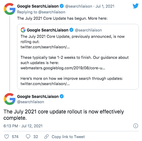 Google's tweet about the July 2021 core update